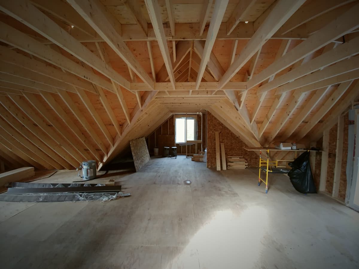Cathedral rafter framing inside a two storey building